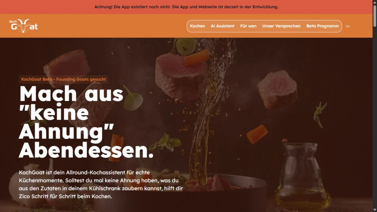 KochGoat-Marketingwebsite mit Einführung zum Kochassistenten und Beta-Programm