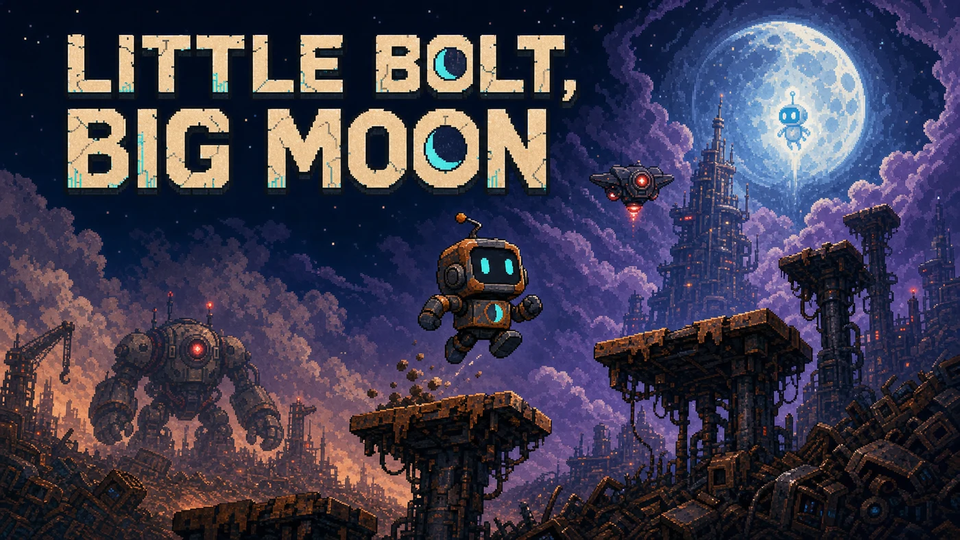 Titelillustration von Little Bolt, Big Moon mit dem Roboter vor einer nächtlichen Spielwelt