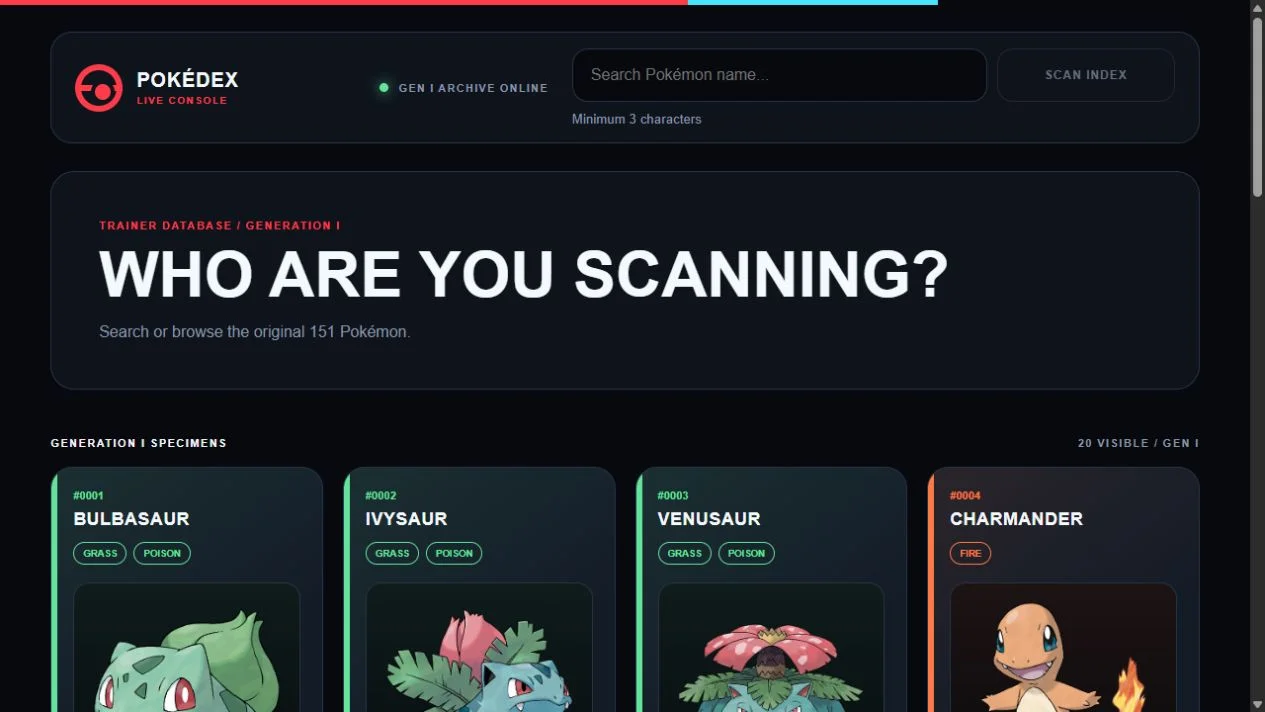 Pokédex mit Suchfeld und Pokémon-Karten in der echten Anwendung